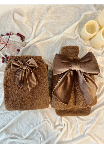 Peluş Uzun Çorap Takım Kahve Fiyonklu Uyku Çorabı ve Ayak Isıtıcı Peluş Welsoft Sıcak Su Torbası ile