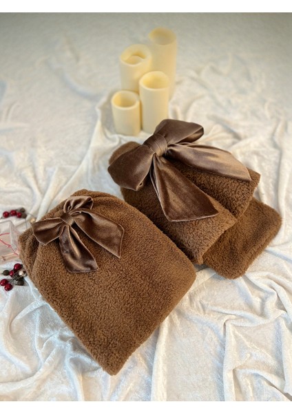 Peluş Uzun Çorap Takım Kahve Fiyonklu Uyku Çorabı ve Ayak Isıtıcı Peluş Welsoft Sıcak Su Torbası ile