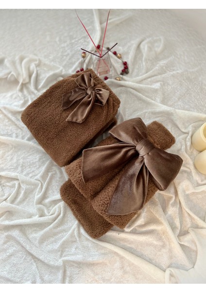 Peluş Uzun Çorap Takım Kahve Fiyonklu Uyku Çorabı ve Ayak Isıtıcı Peluş Welsoft Sıcak Su Torbası ile