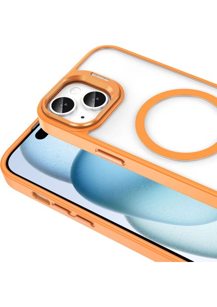 Apple iPhone 14 Kılıf Magsafe Şarj Özellikli Standlı Magsafe Klon Lensli Kapak-Turuncu modelleri