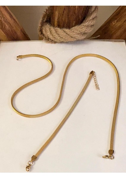 Gold Renk Italyan Model 319L Hasır Çelik Kolye&bileklik Set