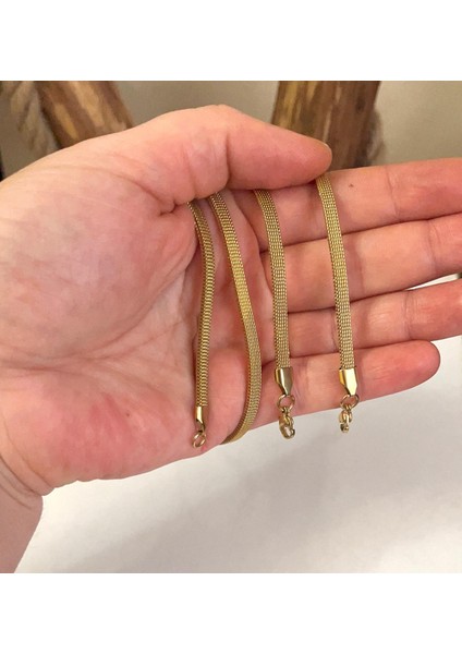Gold Renk Italyan Model 319L Hasır Çelik Kolye&bileklik Set