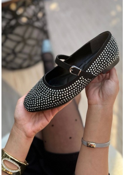Elise Siyah Süet Gümüş Boncuk Işlemeli Babet Ayakkabı