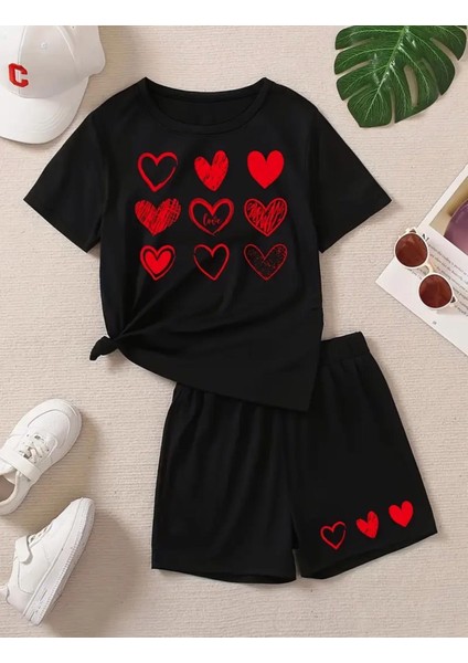 Punıx Kıds Özel Üretim Kalp Baskılı Yeni Stil Kız Çocuk T-Shırt Şort Takım