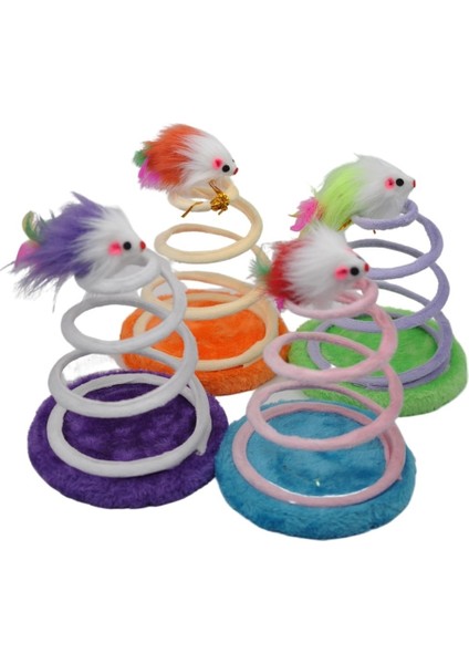 Ahşap Tabanlı Peluş Fareli Yaylı Spiral Kedi Oyuncağı