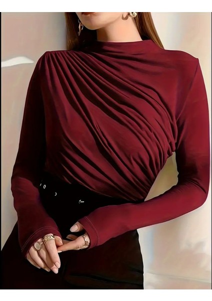 Kadın Dik Yaka Büzgülü Bluz