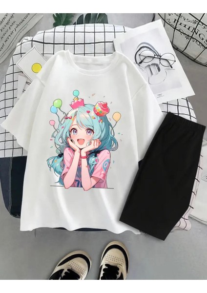 Punıx Kıds Özel Üretim Anime Baskılı Yeni Stil Kız Çocuk T-Shırt Şort Takım
