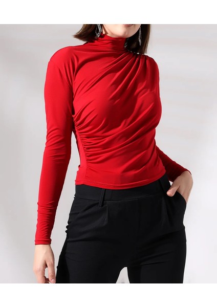 Kadın Dik Yaka Büzgülü Bluz