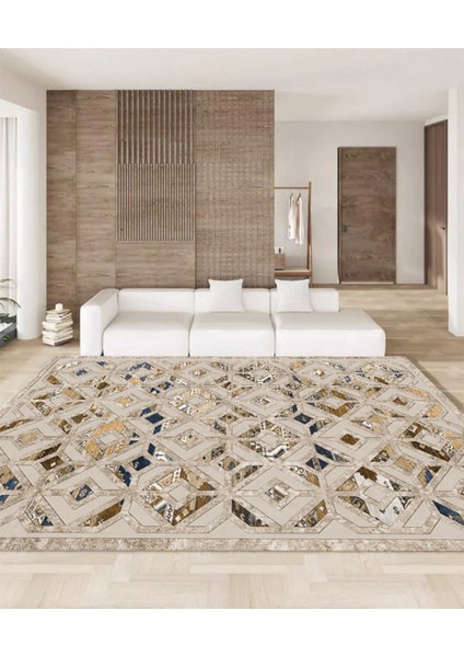 Dijital Baskı Premium Süngerli Kaymaz Taban Modern Salon Mutfak Koridor Halısı Krem 4121