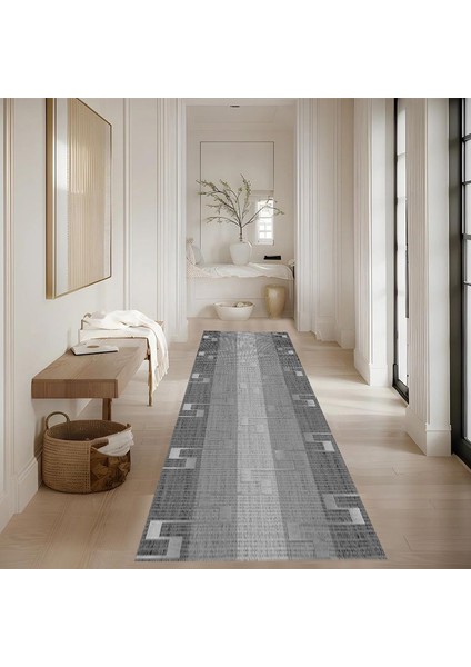Dijital Baskı Premium Süngerli Kaymaz Taban Modern Salon Mutfak Koridor Halısı Gri 4092