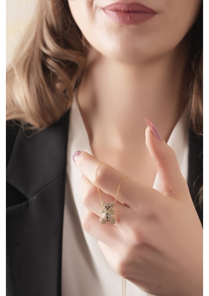 925 Ayar Gümüş, Gold Kaplamalı Zirkon Taşlı Sevimli Ayı Kolye