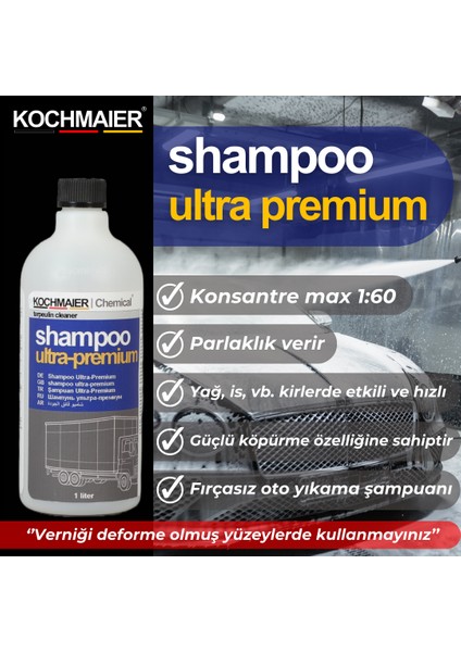 Shampoo Ultra Premium Oto Araç Cilalı Fırçasız Şampuan Kopüklü Konsantre 1:60 1 Litre