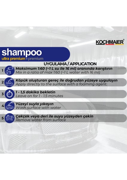 Shampoo Ultra Premium Oto Araç Cilalı Fırçasız Şampuan Kopüklü Konsantre 1:60 1 Litre