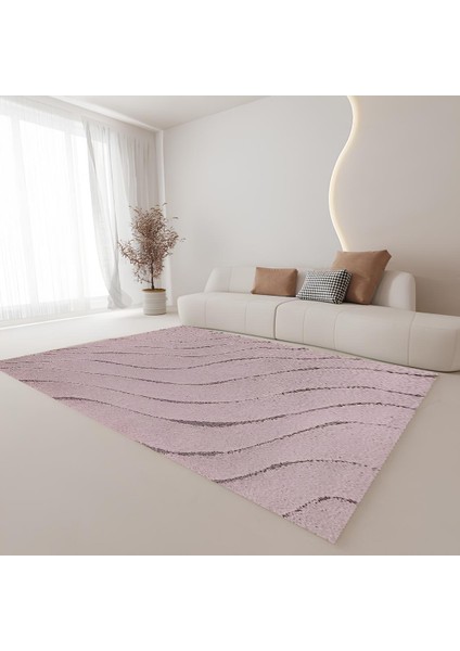 Dijital Baskı Premium Süngerli Kaymaz Taban Modern Salon Mutfak Koridor Halısı Pembe 4097