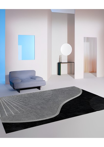 Dijital Baskı Premium Süngerli Kaymaz Taban Modern Salon Mutfak Koridor Halısı Gri 4101