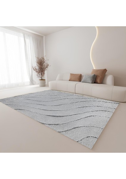 Dijital Baskı Premium Süngerli Kaymaz Taban Modern Salon Mutfak Koridor Halısı Gri 4097