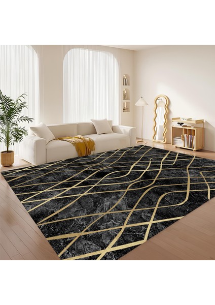 Dijital Baskı Premium Süngerli Kaymaz Taban Modern Salon Mutfak Koridor Halısı Siyah 4104