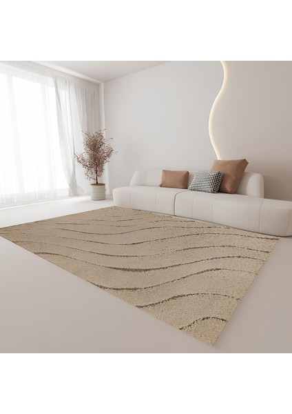 Dijital Baskı Premium Süngerli Kaymaz Taban Modern Salon Mutfak Koridor Halısı Vizon 4097