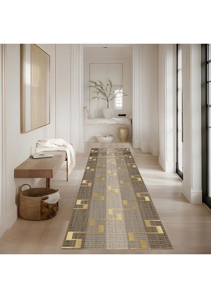 Dijital Baskı Premium Süngerli Kaymaz Taban Modern Salon Mutfak Koridor Halısı Gold 4092