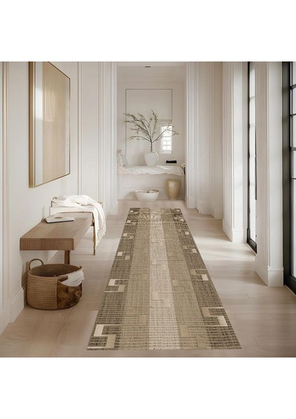 Dijital Baskı Premium Süngerli Kaymaz Taban Modern Salon Mutfak Koridor Halısı Vizon 4092