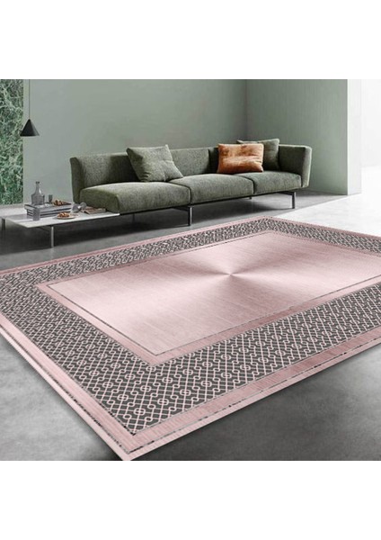 Dijital Baskı Premium Süngerli Kaymaz Taban Modern Salon Mutfak Koridor Halısı Pembe 4110