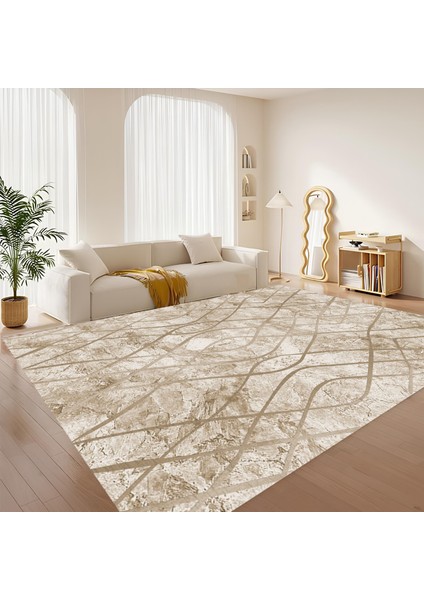Dijital Baskı Premium Süngerli Kaymaz Taban Modern Salon Mutfak Koridor Halısı Vizon 4104