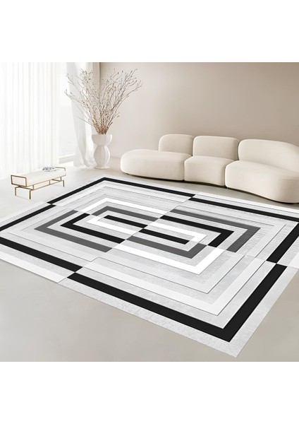 Dijital Baskı Premium Süngerli Kaymaz Taban Modern Salon Mutfak Koridor Halısı Siyah 4140