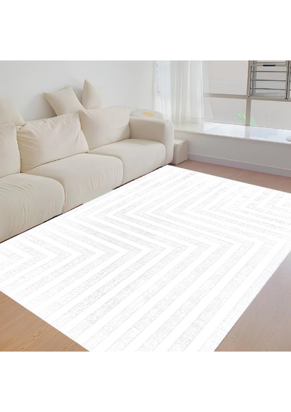 Dijital Baskı Premium Süngerli Kaymaz Taban Modern Salon Mutfak Koridor Halısı Beyaz 4103