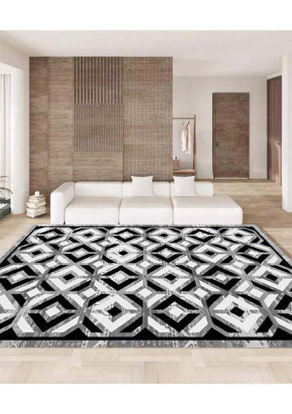 Dijital Baskı Premium Süngerli Kaymaz Taban Modern Salon Mutfak Koridor Halısı Siyah 4121