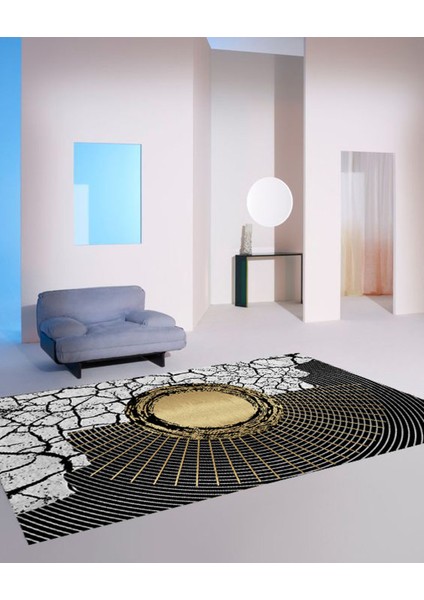 Dijital Baskı Premium Süngerli Kaymaz Taban Modern Salon Mutfak Koridor Halısı Siyah 4131