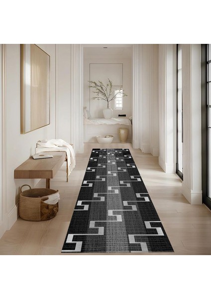 Dijital Baskı Premium Süngerli Kaymaz Taban Modern Salon Mutfak Koridor Halısı Siyah 4092