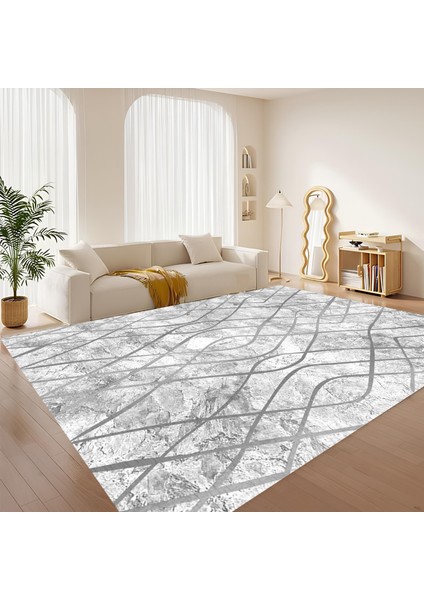 Dijital Baskı Premium Süngerli Kaymaz Taban Modern Salon Mutfak Koridor Halısı Gri 4104
