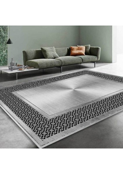Dijital Baskı Premium Süngerli Kaymaz Taban Modern Salon Mutfak Koridor Halısı Gri 4110
