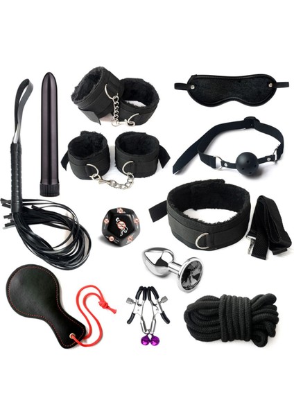 Çok Parçalı Deri Bdsm Kelepçe Kırbaç  Seti 13'lü Titreşimli Penis Halkası