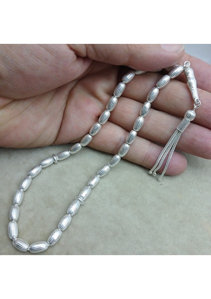925 Ayar Gümüş Tesbih Arpa Kesim Cizgili Model 5 mm