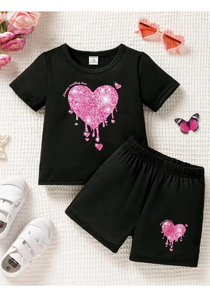 Punıx Kıds Özel Tasarım Parlak Kalp Baskılı Yeni Stil Kız Çocuk T-Shırt Şort Takım