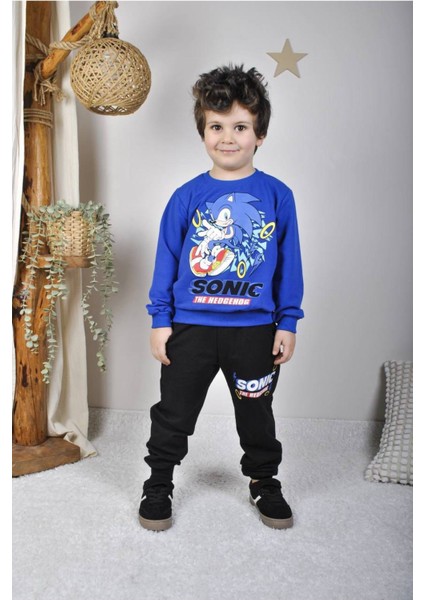 Sonic Desenli Mavi Bisiklet Yaka Takım
