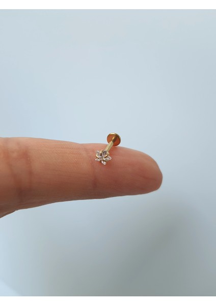 Yıldız Taşlı Tragus Helix Piercing Çelik Gold Rengi 8 mm