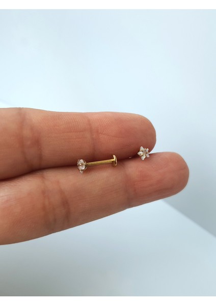 Yıldız Taşlı Tragus Helix Piercing Çelik Gold Rengi 8 mm indirimleri