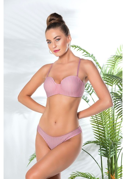 Kadın Straplez Lotus Çizgi Desenli Balenli Kaplı Desteksiz Slim Cup Sütyen Külot Takım