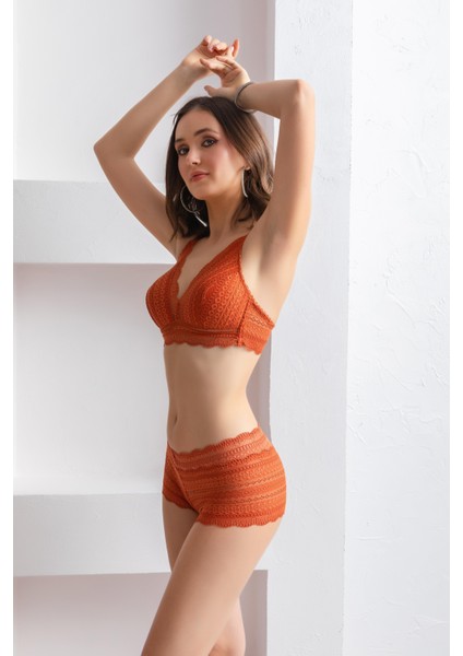 Kadın Kiremit Rengi Dantelli Bralet Sütyen Boxer Takım