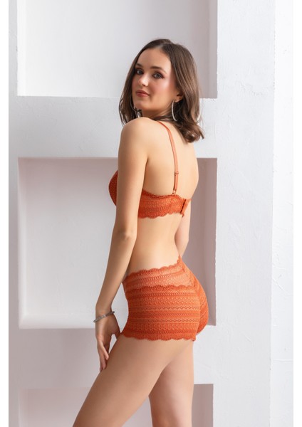 Kadın Kiremit Rengi Dantelli Bralet Sütyen Boxer Takım