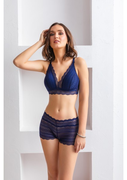 Kadın Kiremit Rengi Dantelli Bralet Sütyen Boxer Takım