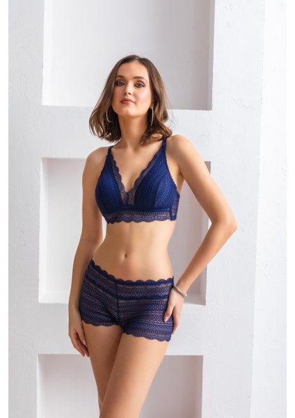 Kadın Kiremit Rengi Dantelli Bralet Sütyen Boxer Takım