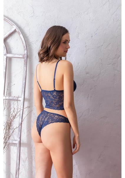 Kadın Lacivert Dantelli Hafif Destekli Bralet ve String Takım