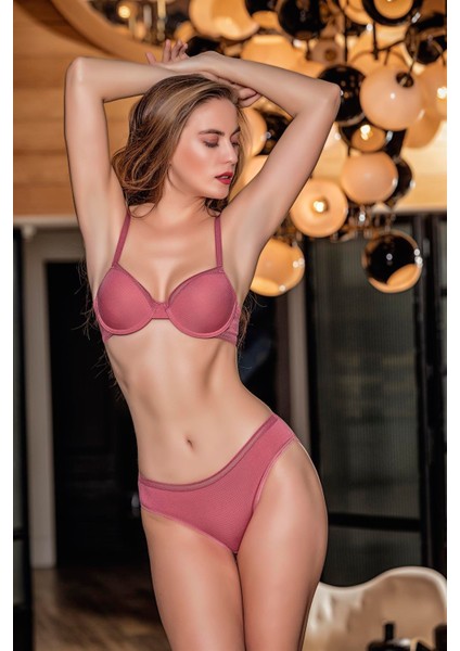 Kadın Pembe Tam Destekli Balenli Kaplı Sütyen Slip Külot Takım