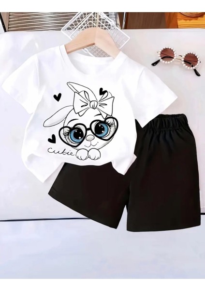 Punıx Kıds Özel Üretim Gözlüklü Tavşan Yeni Stil Kız Çocuk T-Shırt Şort Takım
