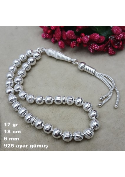 925 Ayar Gümüş Tesbih Yuvarlak Model Çizgili Desen 6 mm