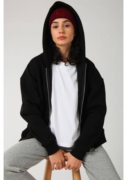 Basic Kadın Oversize Fit Kapüşonlu ve Fermuarlı Üst