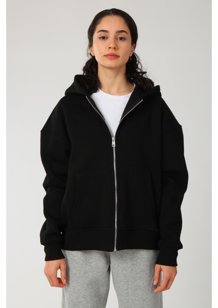 Basic Kadın Oversize Fit Kapüşonlu ve Fermuarlı Üst